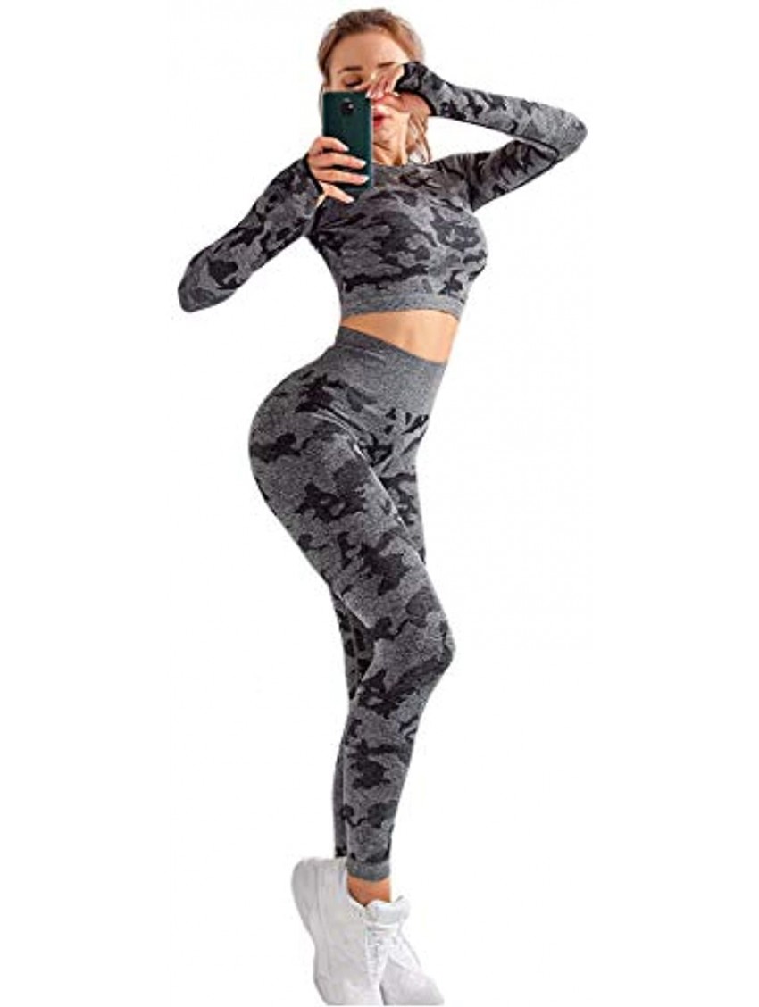 MANON ROSA Workout Sets Women 2 Piece Gym Outfit Seamless Yoga Clothes Long Sleeve Crop Top High Waist Legging Exercise Fitness Activewear Camouflage Grey Large