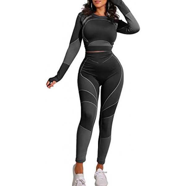 OYS Workout Sets for Women 2 Piece Outfits Seamless High Waist Yoga Leggings Running Sports Long Sleeve Gym Clothes