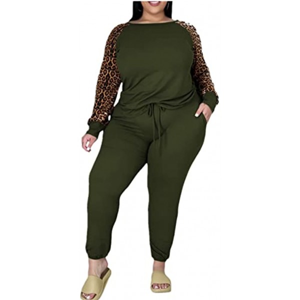 Plus Size Leopard Print 2 Piece Outfit for Women Sweatsuits Sets Long Sleeve Tops and Sweatpans Sweatsuits Tracksuits