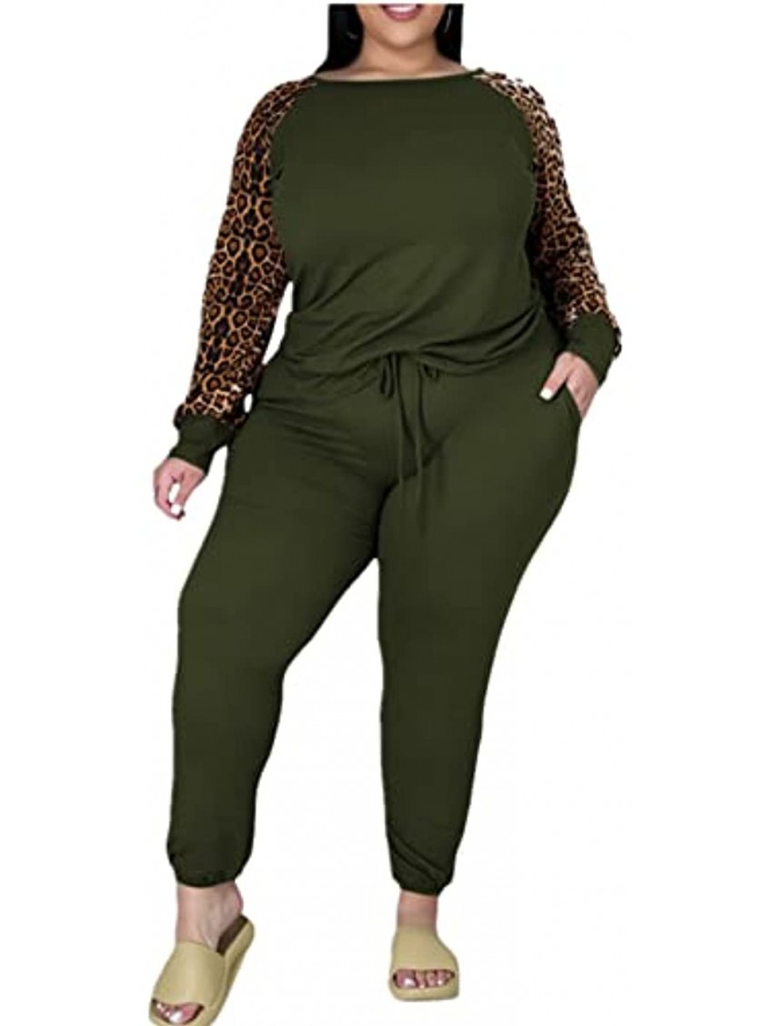 Plus Size Leopard Print 2 Piece Outfit for Women Sweatsuits Sets Long Sleeve Tops and Sweatpans Sweatsuits Tracksuits