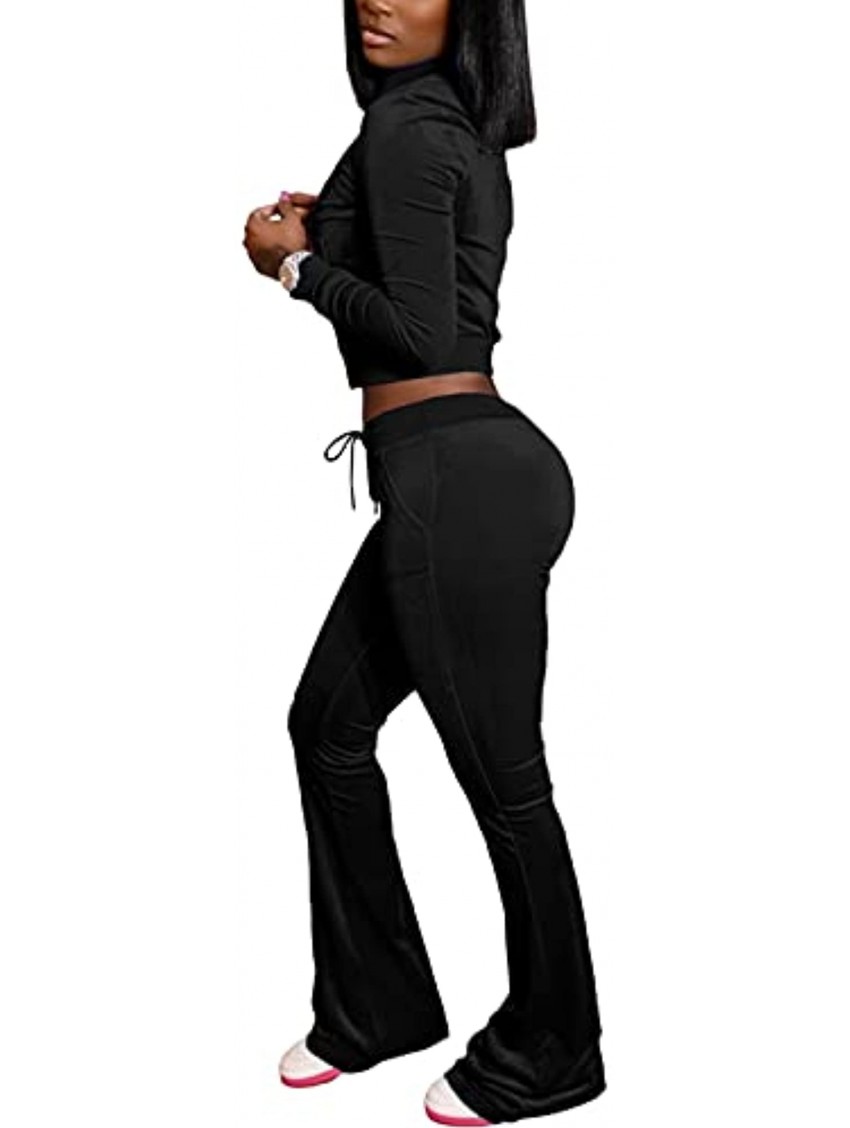 qfmqkpi Two Piece Outfits for Women Crop Top Zip Jacket and Flare Pants Set Velour Tracksuit