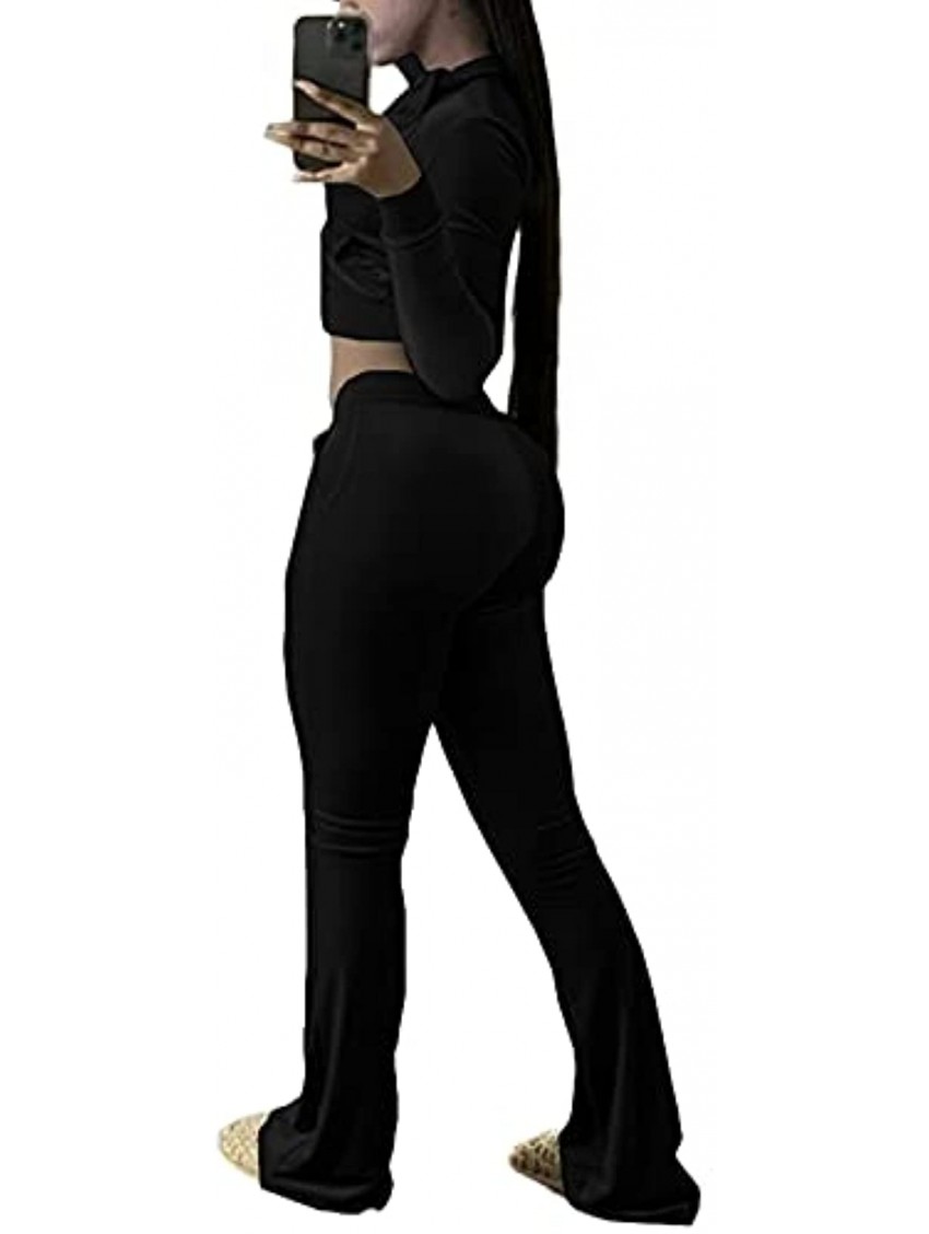 qfmqkpi Two Piece Outfits for Women Crop Top Zip Jacket and Flare Pants Set Velour Tracksuit