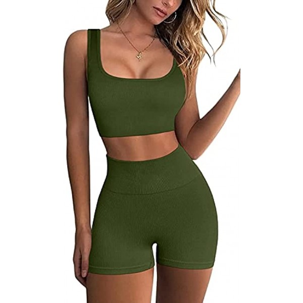 Ribbed Workout Sets for Women 2 Piece Gym Outfits Crop Tops High Waist Running Shorts Yoga Activewear