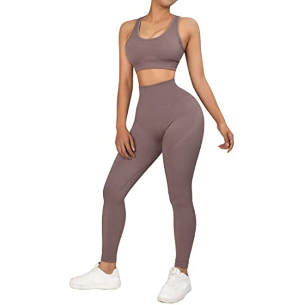 RUUHEE Women Seamless Workout Outfits Ribbed High Waist 2 Piece Long Sleeve Yoga Leggings Sets