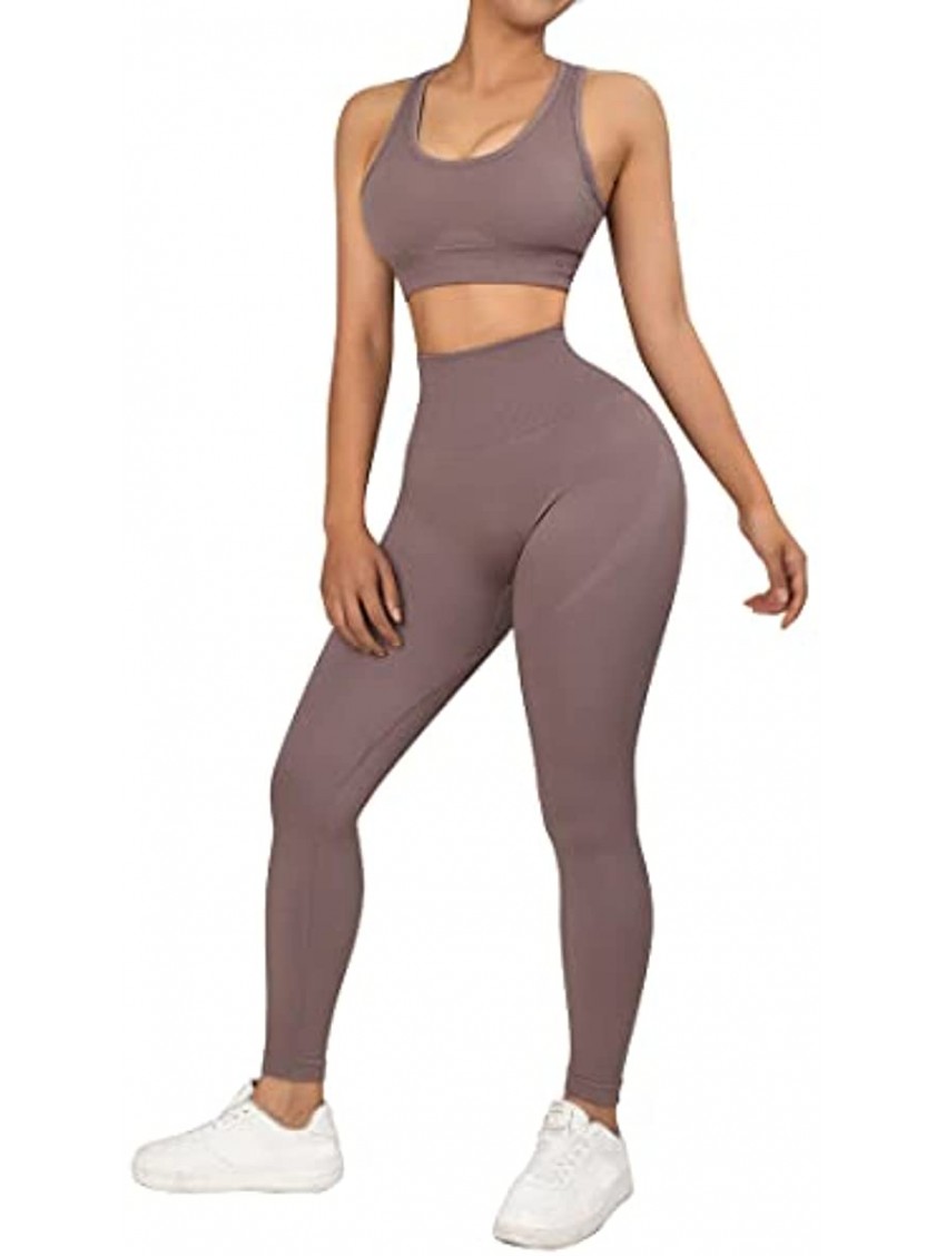 RUUHEE Women Seamless Workout Outfits Ribbed High Waist 2 Piece Long Sleeve Yoga Leggings Sets