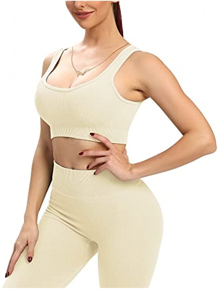 Seamless Yoga Sets for Women 2 Piece Ribbed Workout Set Seamless Crop Tank Ribbed Leggings Gym Outfits Yoga 2 Piece Set