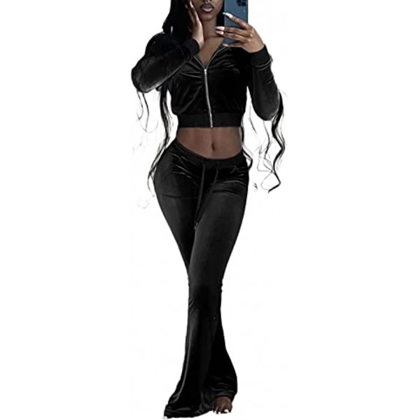 Sexy Velour Tracksuit Outfits Clubwear Long Sleeve Zip Crop Tops Jackets and Flared Long Pant Sets Sweatsuit