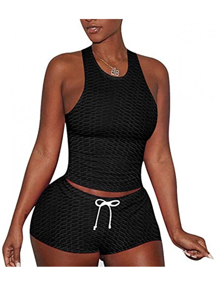 Short Sets Women 2 Piece Outfits Textured Tracksuit Tank Crop Top Bodycon Shorts Workout Sports Set