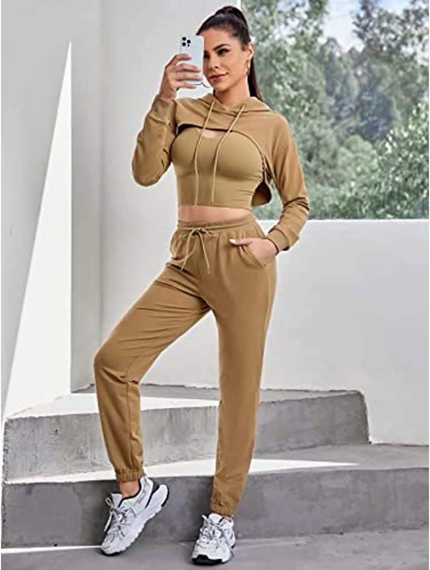 Siahk 3 Piece Outfits for Women 2 Piece Workout Outfit Long Sleeve Crop Hoodies with Tank Top Loungewear Jogger Set