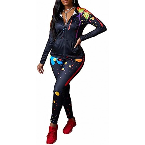 SUCCIOR Women 2 Piece Graphic Outfits Long Sleeve Zipper Jacket Shorts Sets Tracksuits