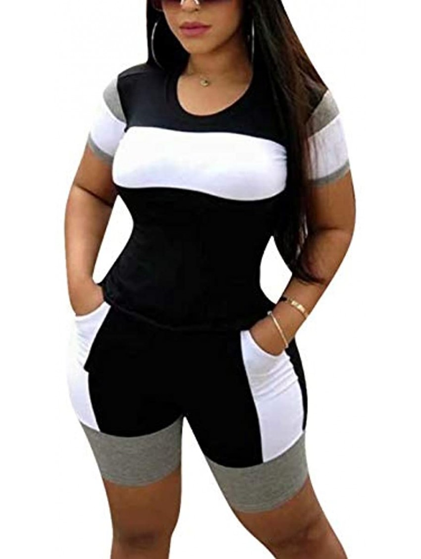 SUCCIOR Women Color Block 2 Piece Outfits Short Sleeve Tshirt and Shorts Matching Sets