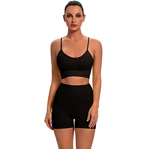 Sytiz Workout Sets for Women 2 Piece Seamless Ribbed High Waist Cycle Shorts + Scoop Neck Sports Bras Tank Tops Yoga Outfits