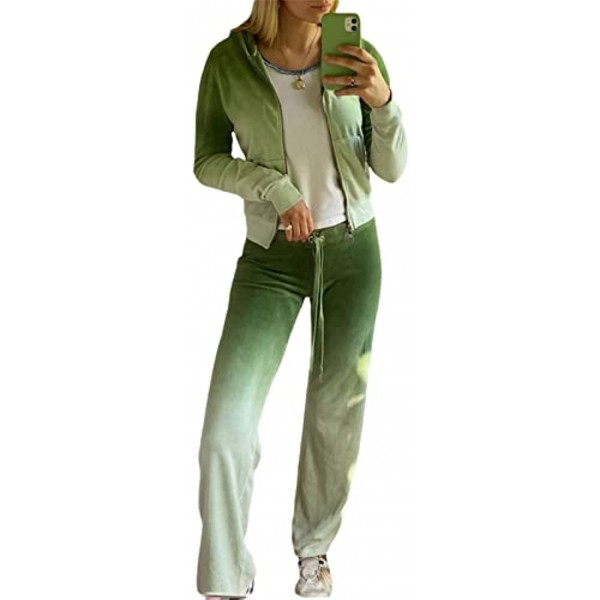 Two Piece Outfits for Women Velour Tracksuits Set Long Sleeve Zip Crop Hoodie Jacket + Long Pants Set Club Velour Outfits