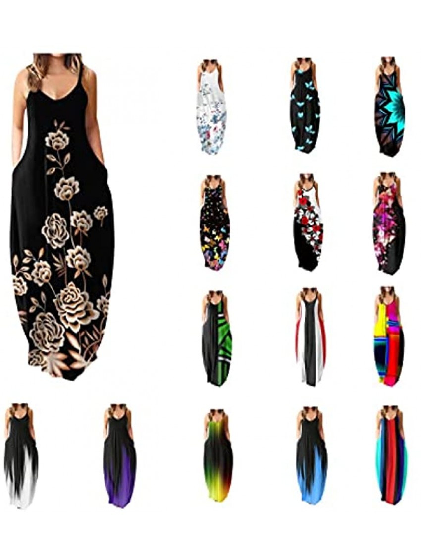 UBST Casual Sleeveless Maxi Dresses for Women Plus Size,Ladies Deep V Neck Floral Print Loose Party Dress with Pocket