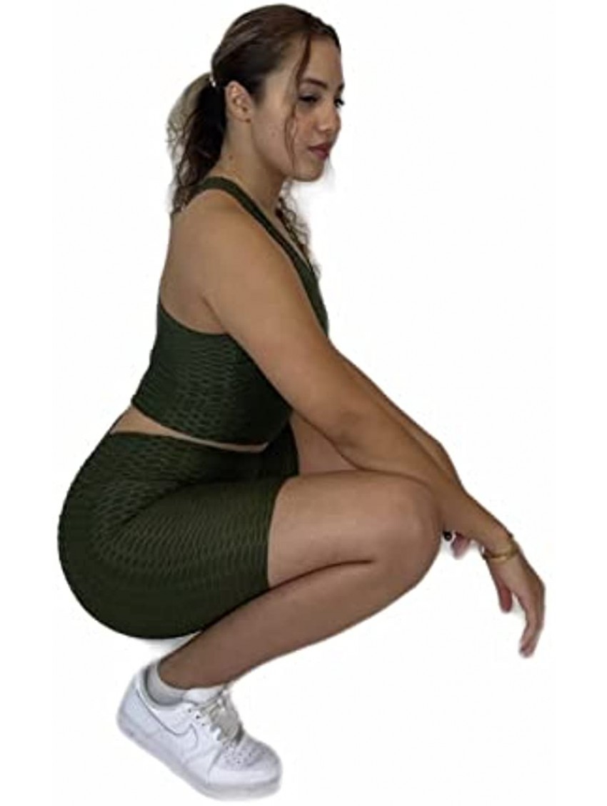Women 2 Piece Workout Outfit Sets Bubble Textured Crop Top Butt Lift Biker Shorts anti cellulite Gym Yoga Tracksuits