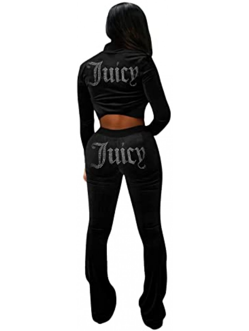 Women Fairy Two Piece Tracksuit Velour Rhinestone Letters Zipper Crop Hooded Long Pants Jogger Outfits Set