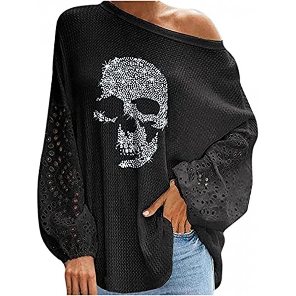 Women Halloween Sweatshirts Skull Print Tshirt Cold Shoulder Sweater Top Long Sleeve Tunics Plus Size Tees
