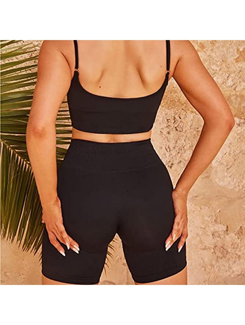Women Sexy Yoga Outfits Tracksuits Sports Bra Gym Ribbed Seamless Crop Tank High Waist Legging Active Athletic Clothing Set