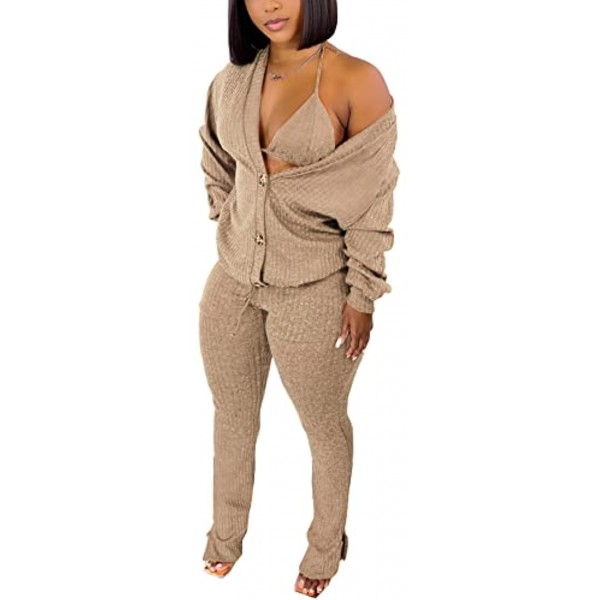 Women Solid Color Casual 2 Piece Outfits Long Sleeve Cardigan Jacket with Matching Bra and Split Long Pants Set 3 Piece Suit