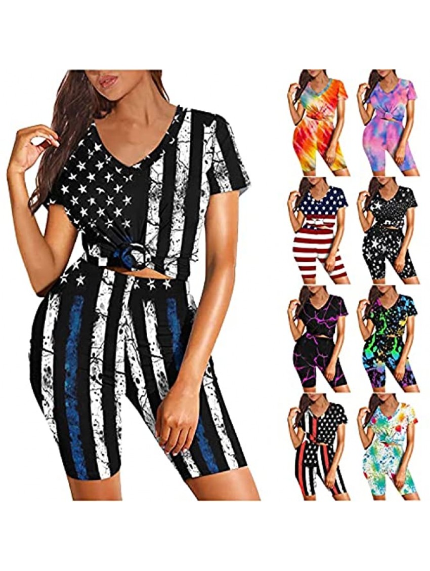 Women Two Piece Outfits Summer Short Sleeve Biker Shorts Set Cycling Suit Yoga Leggings Athletic Gym Clothes