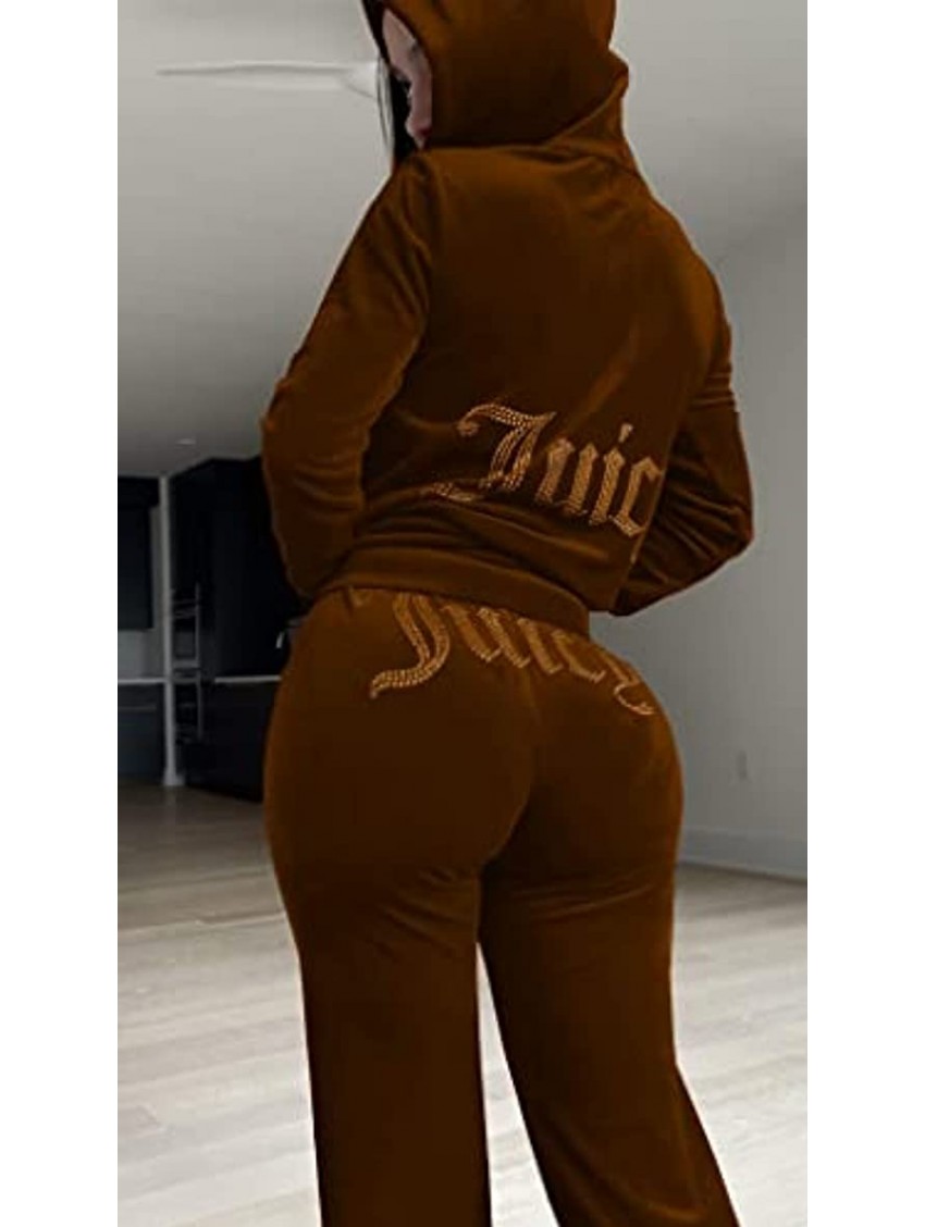 Women Velvet Tracksuit 2Pcs Letters Rhinestone Hooded Drawstring Long Pants Sweatsuit Zipper Slim Set Outfits