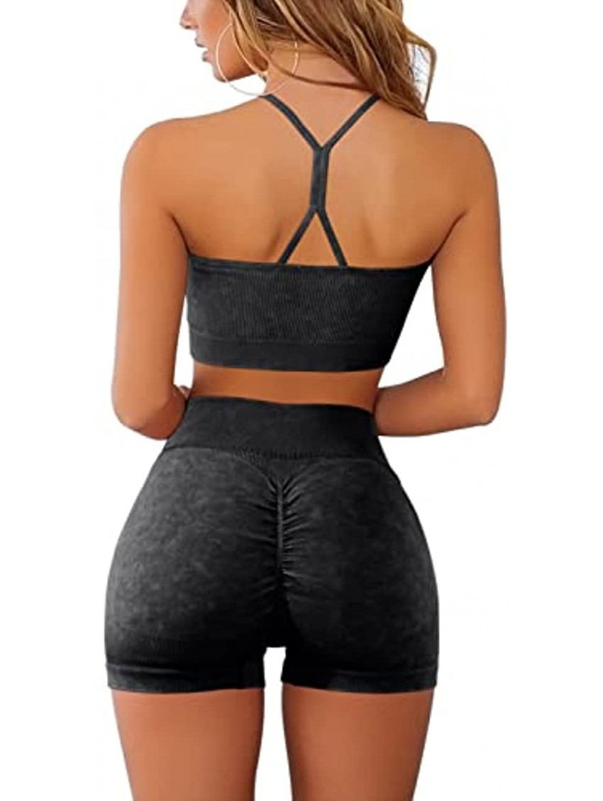 Women Workout Sets 2 Piece Seamless Ribbed Ruched Back High Waist Booty Shorts Sweetheart Neckline Sports Bra Yoga Sets