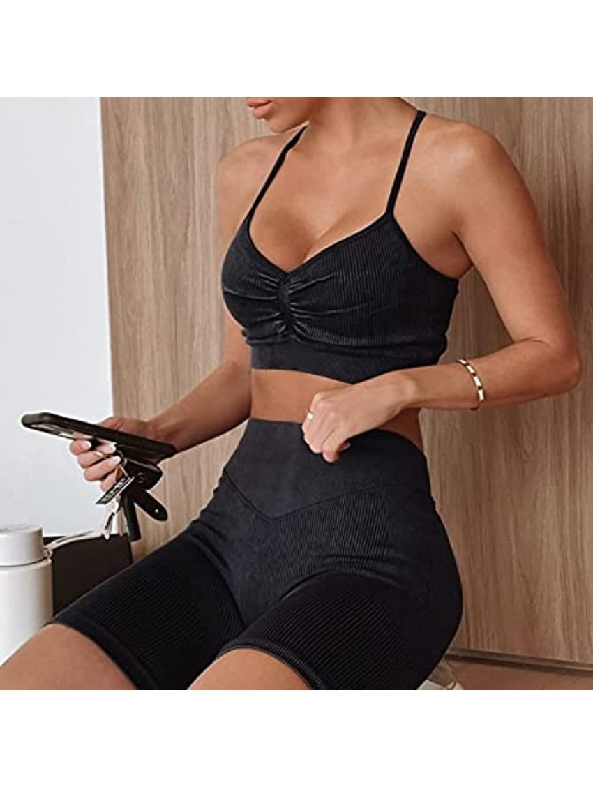 Women Workout Sets 2 Piece Seamless Ribbed Ruched Back High Waist Booty Shorts Sweetheart Neckline Sports Bra Yoga Sets