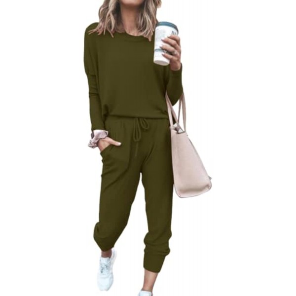 Women’s 2 Piece Lounge Sets Solid Color Sweatsuits Outfit Long Sleeve Pullover Tops and Long Pants Tracksuits Clearance