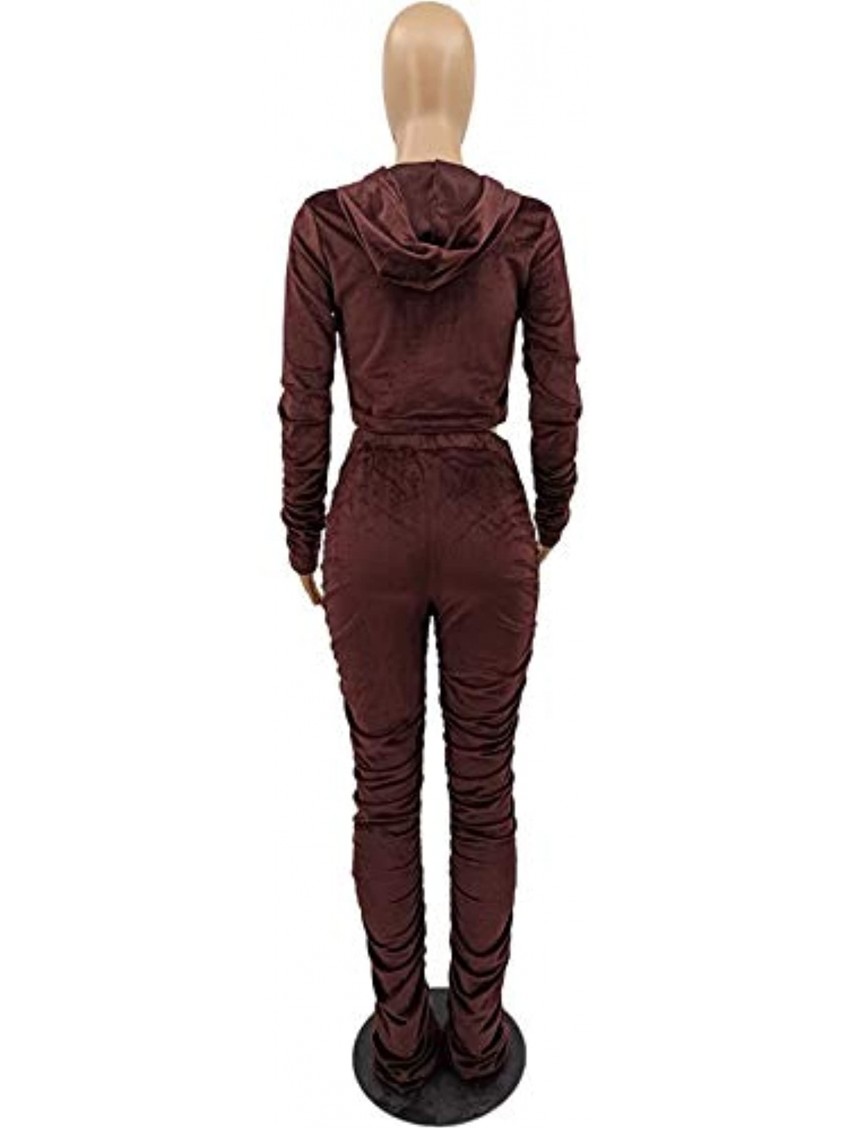 Womens 2 Piece Outfits Sweatsuits Solid Velvet Tracksuit Ruched Full Zip Up Hoodie Jacket Stacked Pants Set Activewear