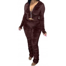 Womens 2 Piece Outfits Sweatsuits Solid Velvet Tracksuit Ruched Full Zip Up Hoodie Jacket Stacked Pants Set Activewear