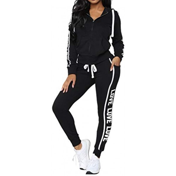 Women's 2 Piece Sweatsuit Outfits Stripe Zipper Love Print Hooded Tops And Long Sweatpants Running Fitness Yoga Suit