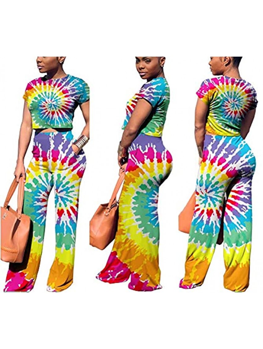 Women's Casual 2 Piece Outfits Tie Dye Short Sleeve Crop Tops Long Wide Leg Pants Set Jumpsuits Rompers