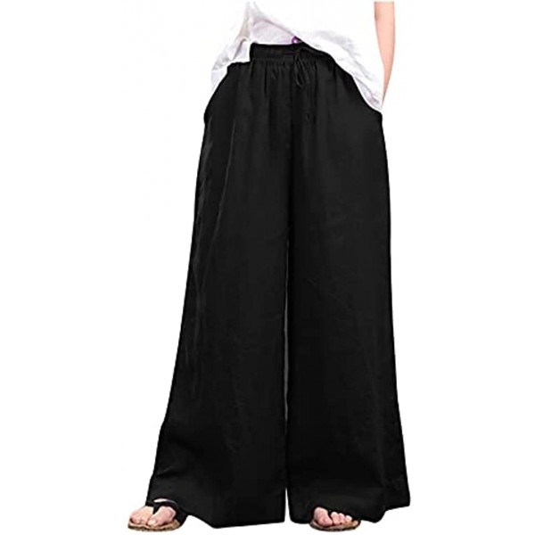 Womens Linen Pants High Waisted Wide Leg Drawstring Casual Loose Trousers Homewear Holiday Stretch Lounge