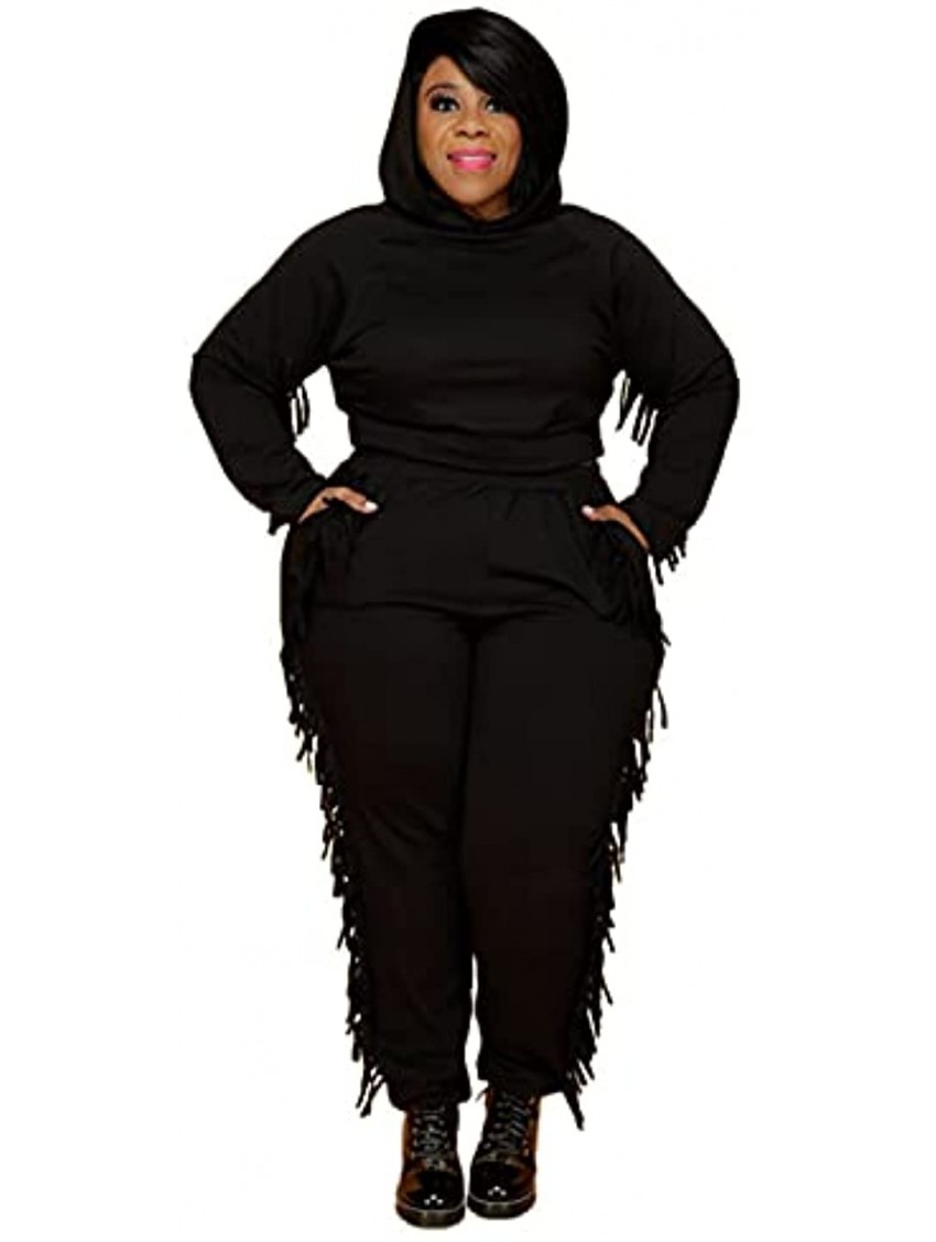 Womens Plus Size 2 Piece Outfit Casual Tassels Pullover Hoodies Long Pant Set