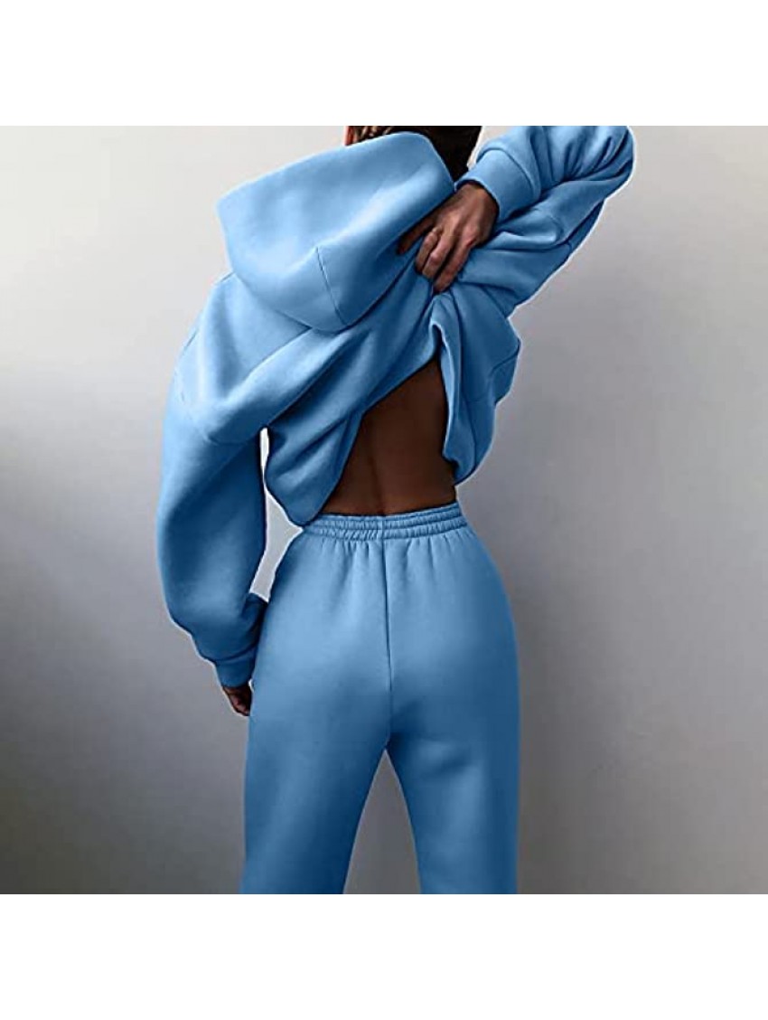 Women's Solid Tracksuit Outfits Casual 2 Piece Long Sleeve Pullover Hoodie Sweatpants Jogger Workout Suits