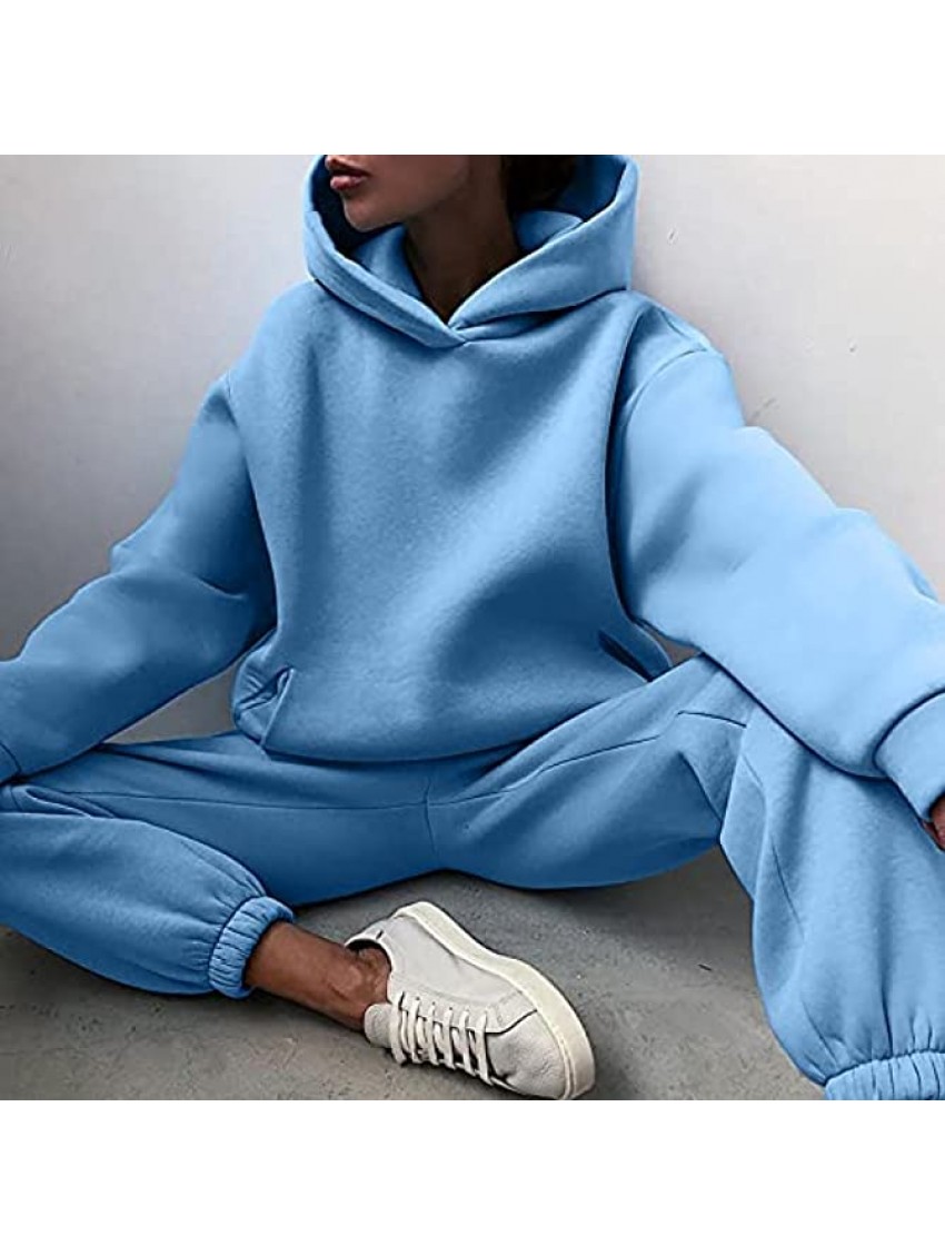 Women's Solid Tracksuit Outfits Casual 2 Piece Long Sleeve Pullover Hoodie Sweatpants Jogger Workout Suits