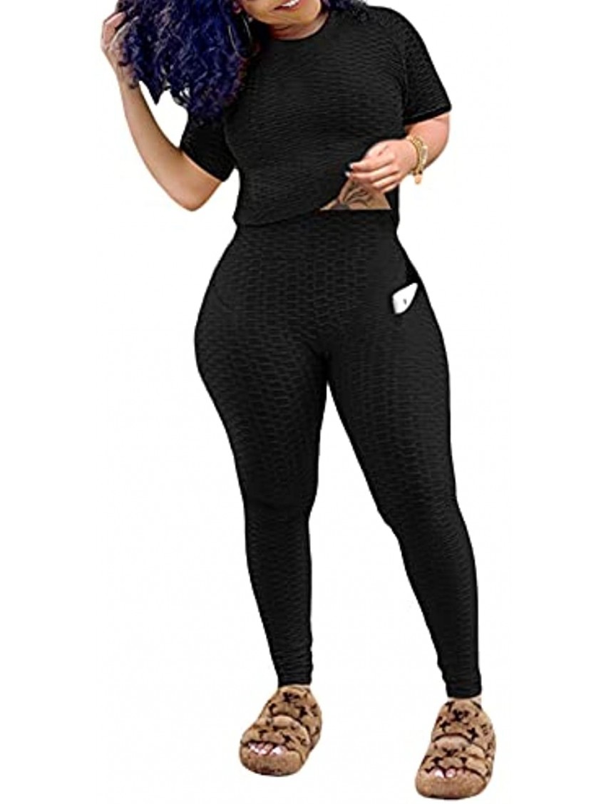 Women's Textured Two Tracksuits Piece Outfits Jogging Suits T-Shirts Butt Lifting Yoga Pants Sweatsuits Sets with Pocket