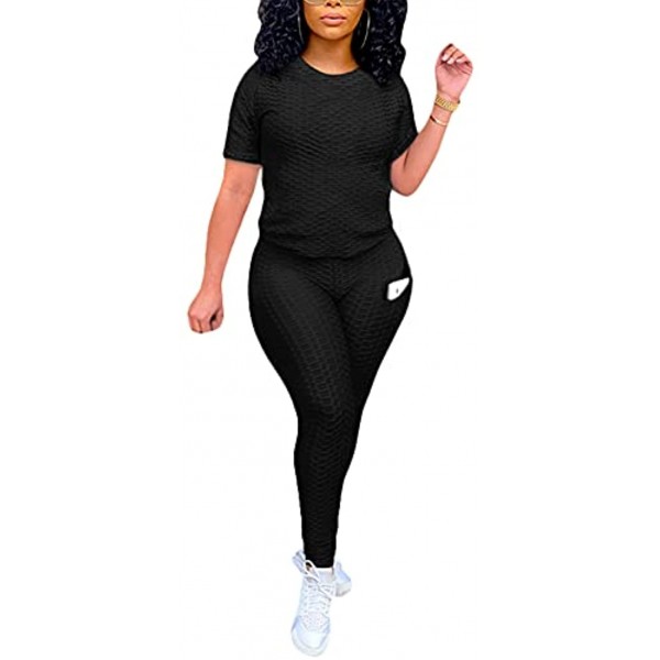 Women's Textured Two Tracksuits Piece Outfits Jogging Suits T-Shirts Butt Lifting Yoga Pants Sweatsuits Sets with Pocket