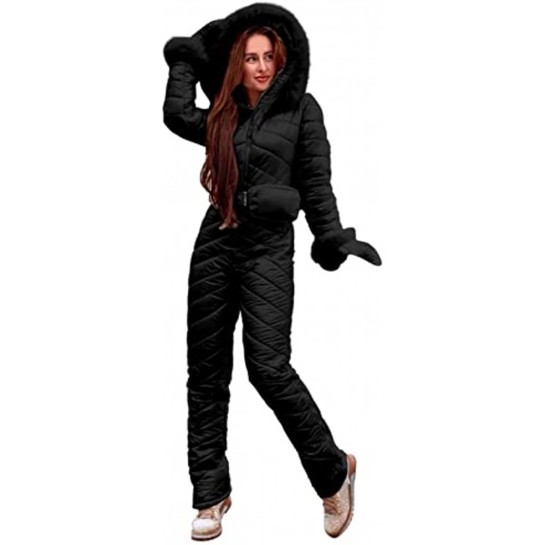 Women's Winter Onesies Ski Suits Fur Collar Coat Hooded Snowsuit Waterproof Windproof Outdoor Sport Thickened Jumpsuit
