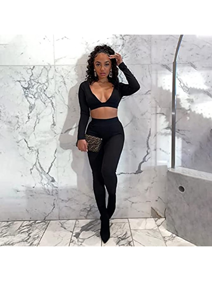 Women's Workout Outfit 2 Pieces Long Sleeve V Neck Crop Top High Waist Bodycon Yoga Leggings Gym Clothes Set Tracksuits