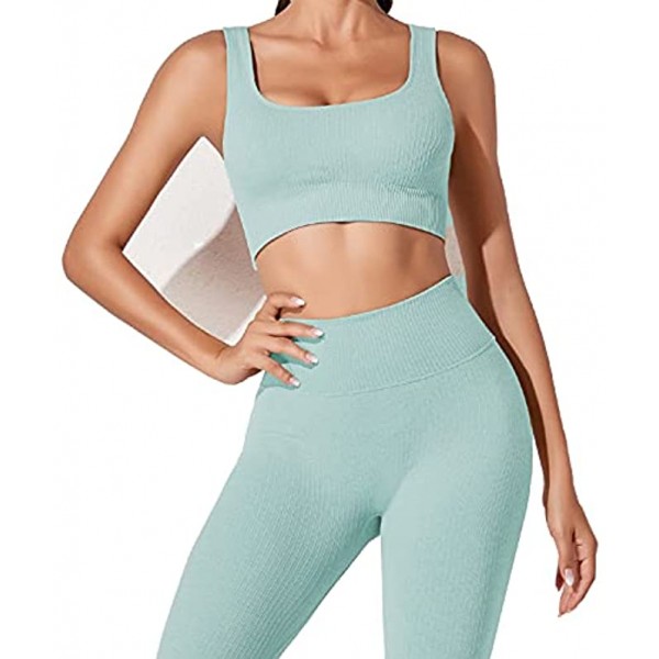 Workout Outfits for Women 2 Piece Set Ribbed Seamless Yoga Outfits Crop Top Leggings Exercise Sports Bra Tracksuits Set