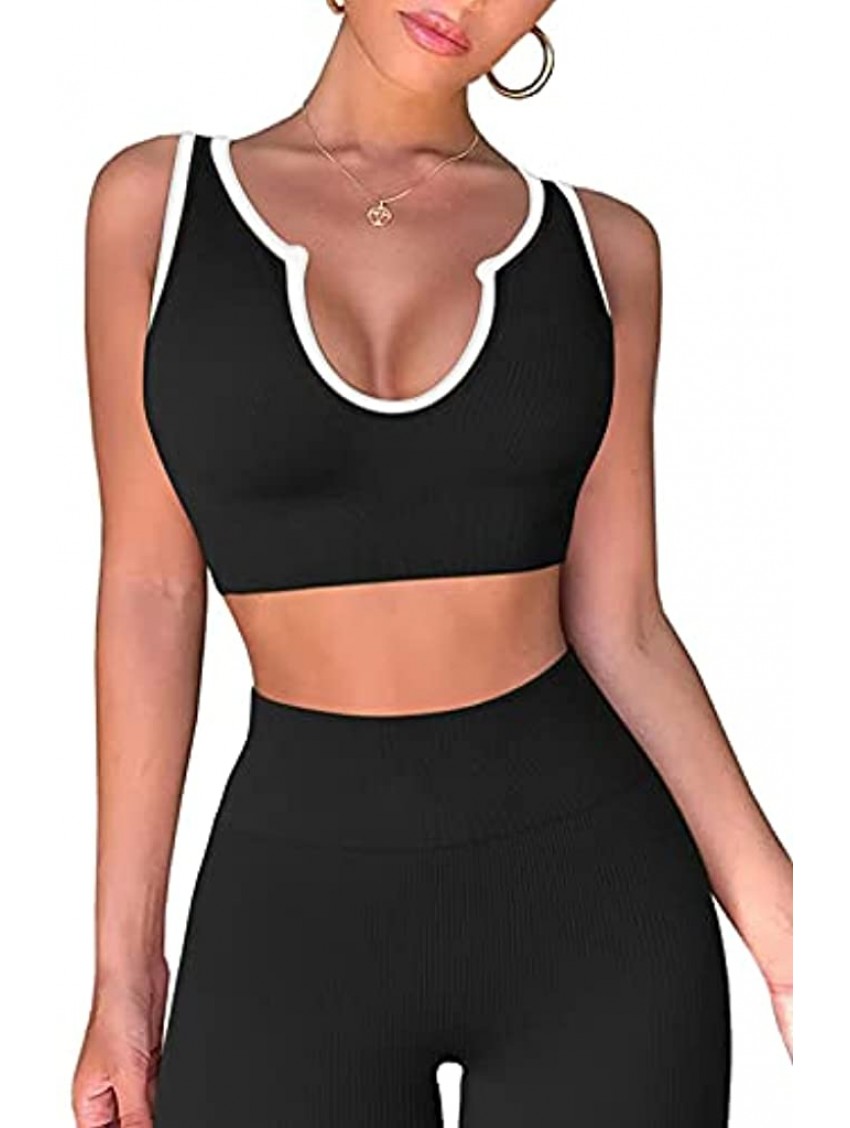 Workout Set for Women 2 Piece Seamless Ribbed Crop Tank High Waist Yoga Leggings Activewear Outfits