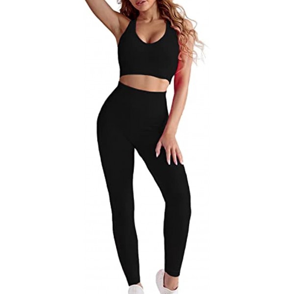 Workout Sets for Women 2 Piece Outfits Seamless Ribbed Sports Bra High Waisted Leggings Crop Top Padded Yoga Sets