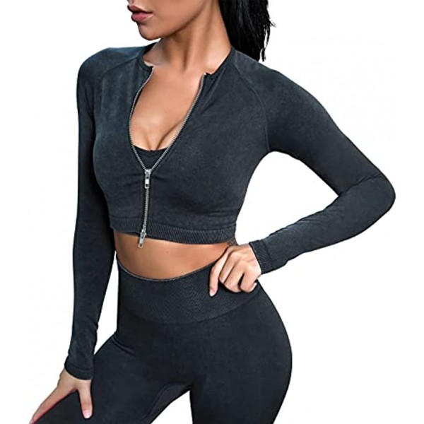 Workout Sets for Women Seamless Ribbed Two Piece Outfits for Women Long Sleeve Zipper Up Tracksuit Suits for Women Set