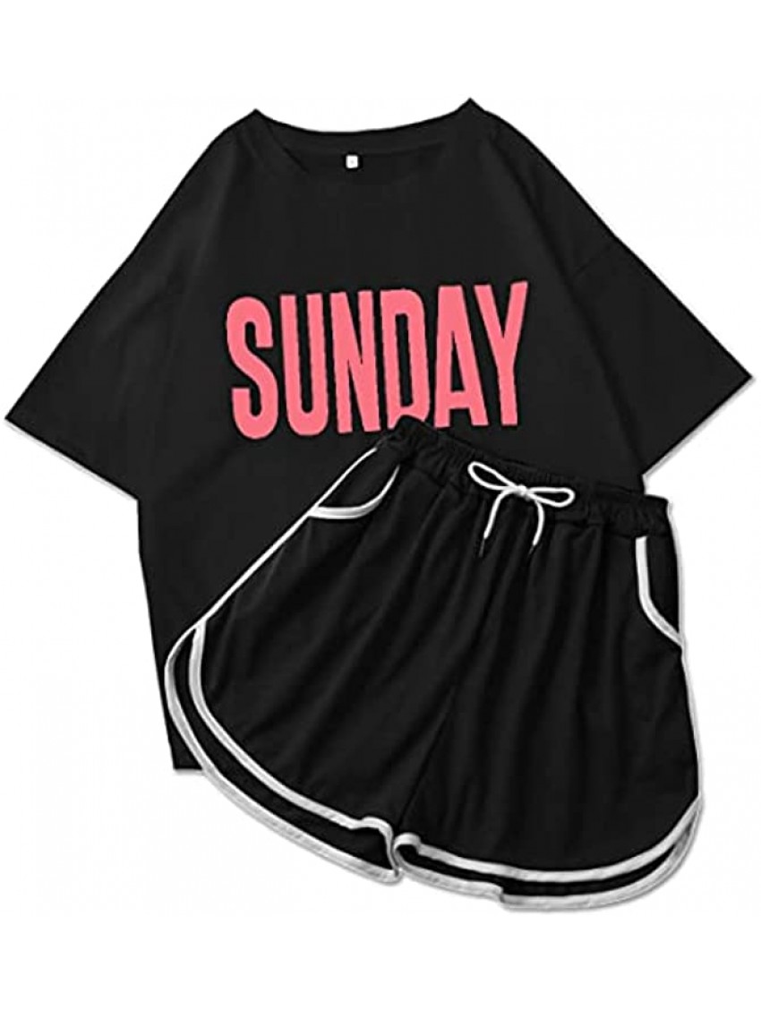 Wuitrie Short 2 Piece Outfits for Women Casual Tracksuit Letter Print T-Shirt and Bodycon Shorts Set Summer Short Sets
