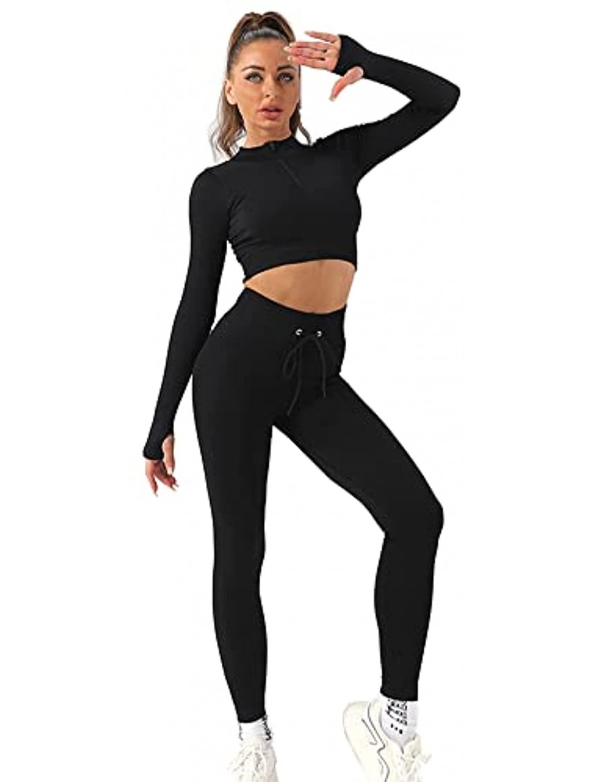 XXDingbs Women's Workout Outfit 2 Pieces Seamless High Waist Yoga Leggings with Zipper Crop Top Gym Clothes Set