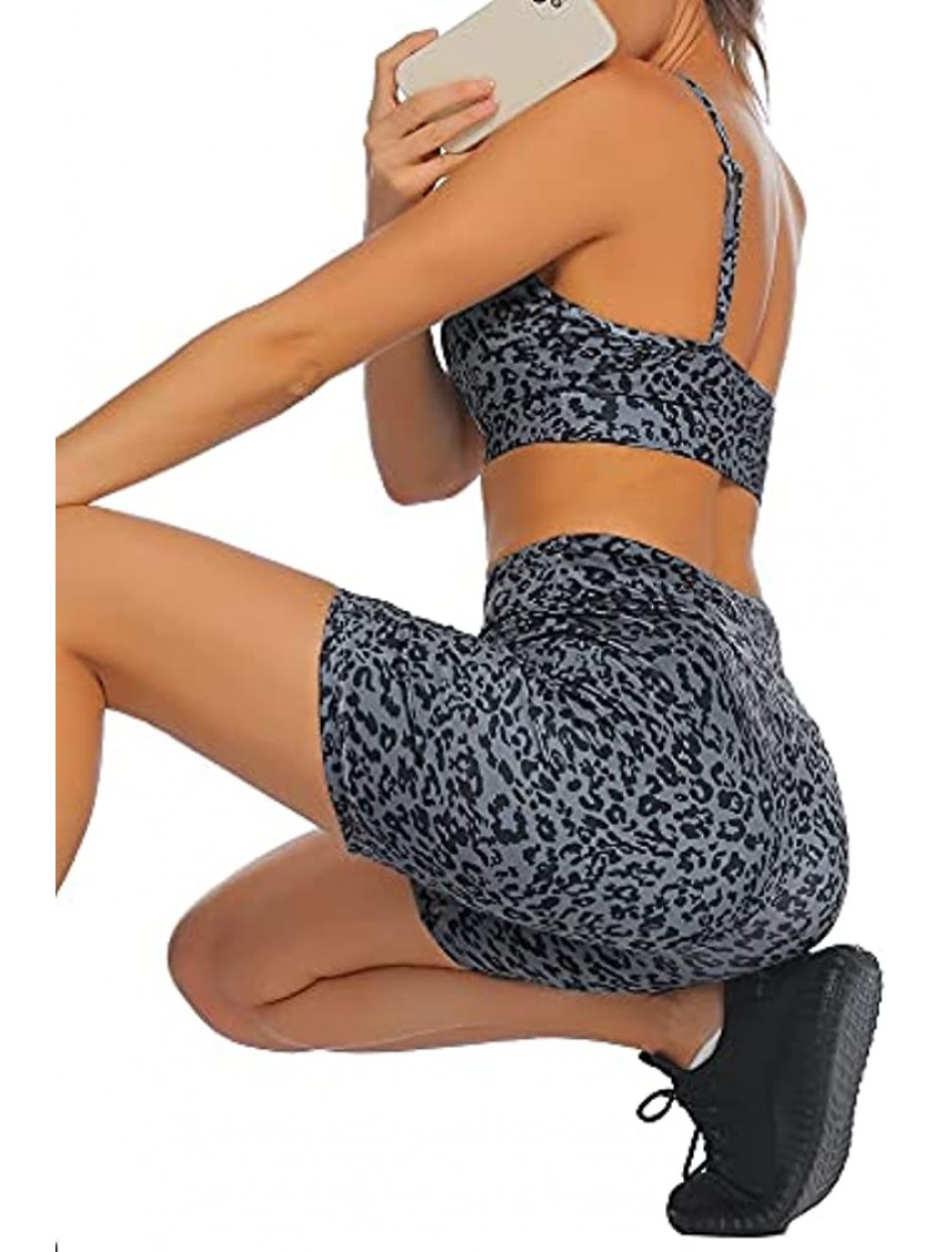 YEEZOMI Yoga Outfits for Women 2 Piece Set Leopard Activewear Sets High Waist Bra and Shorts Workout Set