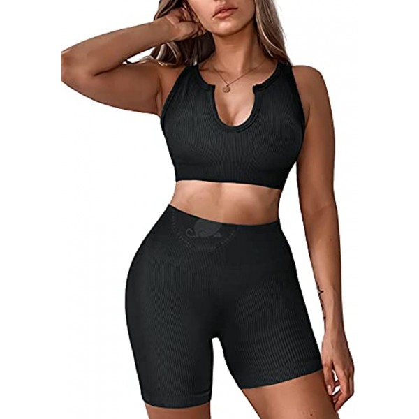 YEOREO Women 2 Pieces Workout Set High Waist Seamless Yoga Outfit Ribbed Sports Bra V Neck Sleeveless Activewear