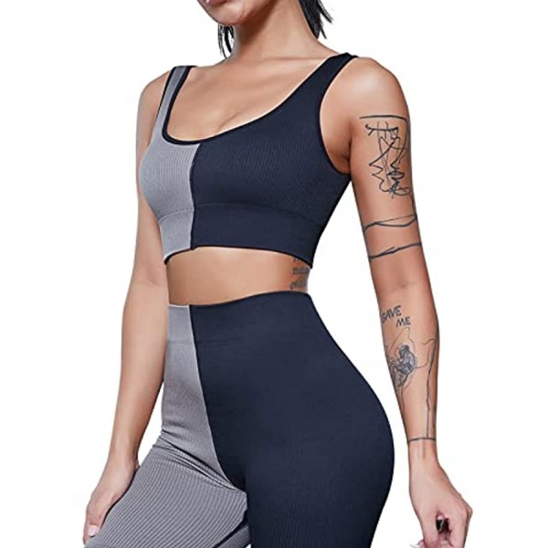 YUMSUN Workout Sets for Women 2 Piece Plus Size Ribbed Seamless High Waist Leggings with Yoga Crop Tank Top Activewear Set