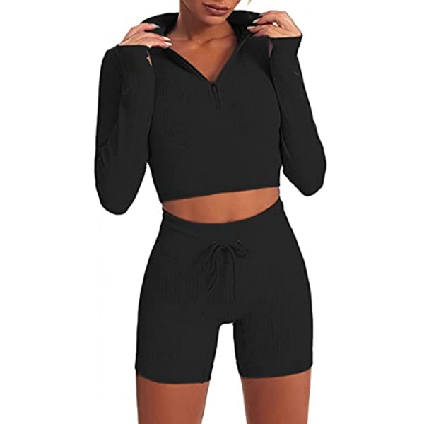 Zipper Workout Outfits for Women 2 Piece Ribbed Seamless Crop Tank Top Long Sleeve High Waist Shorts Sports Yoga Activewear